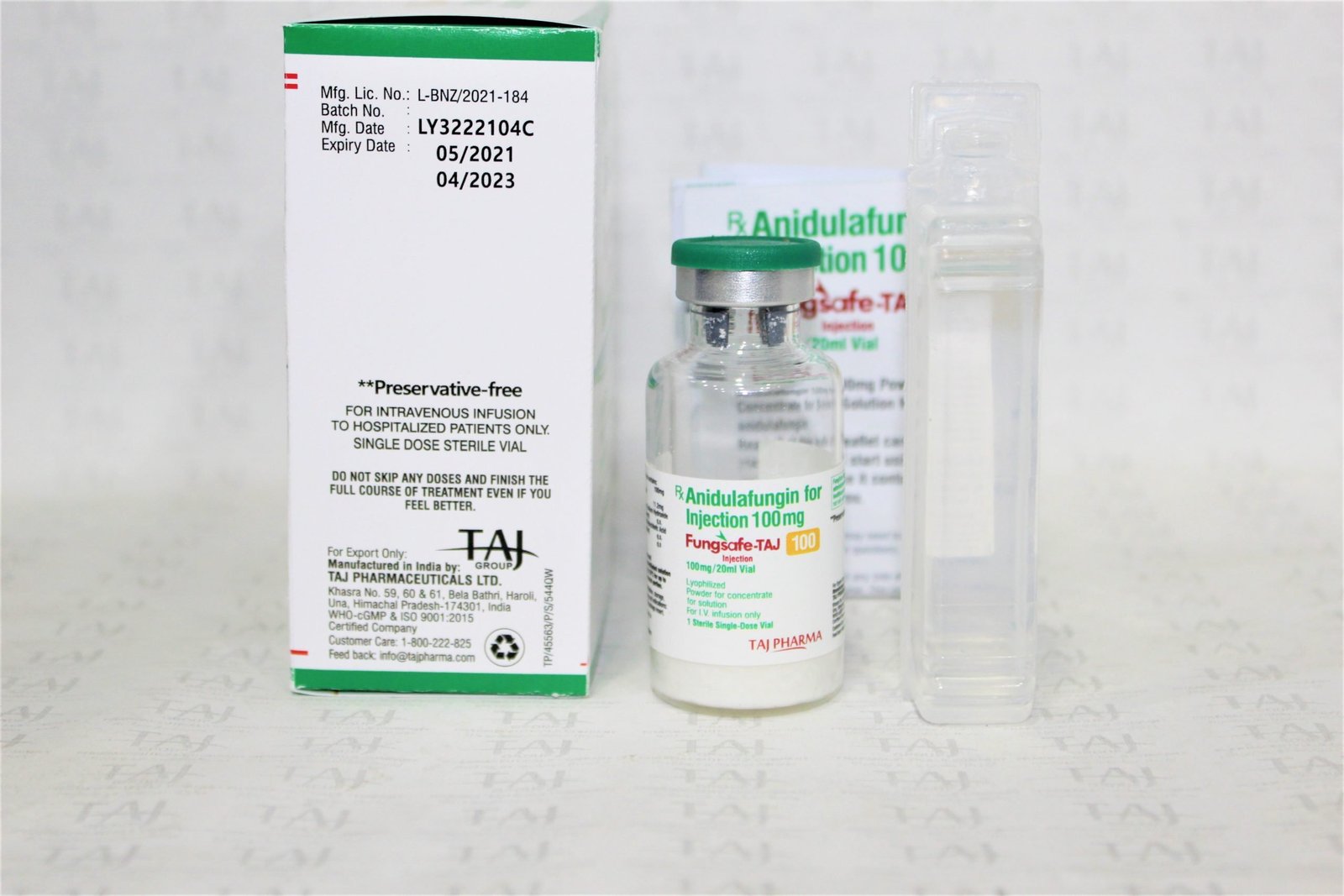 Wholesaler of Anidulafungin for injection 100 mg, Anidulafungin for injection 100 mg Supplier, Anidulafungin for injection 100 mg Exporters from India. Taj Pharma holds excellent record in manufacturing of Anidulafungin for injection 100 mg from India.