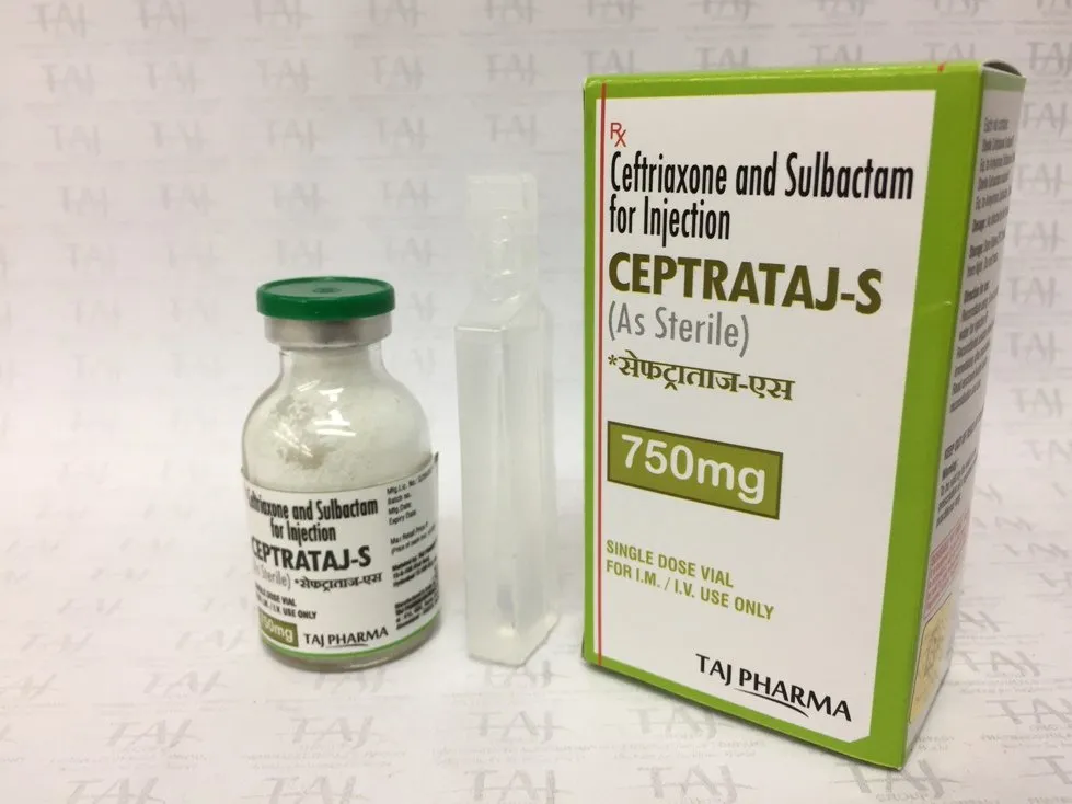 Ceftriaxone Sodium and Sulbactam Sodium USP For Injection 750mg (Ceptrataj-S) manufacturer in India {Taj Pharmaceuticals}; best quality supplier and exporter of Ceftriaxone Sodium and Sulbactam Sodium USP For Injection 750mg (Ceptrataj-S) Taj Pharmaceuticals is reputed manufacturer and Ceftriaxone Sodium and Sulbactam Sodium USP For Injection 750mg (Ceptrataj-S) suppliers in India prefer Taj Pharmaceuticals due to the reliability and purity of products. Taj Pharmaceuticals, the well-known Ceftriaxone Sodium and Sulbactam Sodium USP For Injection 750mg (Ceptrataj-S) API manufacturer in India