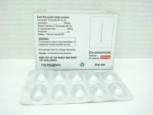 Co-amoxiclav Tablets USP 625mg– Manufacturers – Taj Pharma, Suppliers Co-amoxiclav Tablets USP 625mg & Co-amoxiclav Tablets USP 625mg Exporters in India Find here information of Co-amoxiclav Tablets USP 625mg Amoxicillin and Clavulanate Potassium Tablets USP 250mg/125mg