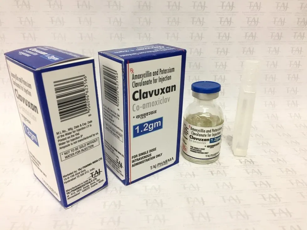 Amoxicillin Potassium Clavulanate for Injection Co-amoxiclav - (Clavuxan). Taj Pharmaceuticals company carries the rich experience in the niche manufacturing of Amoxycillin and Potassium Clavulanate for injection 1.2g (Clavuxan) . Taj Pharmaceuticals is reputed manufacturer and Amoxycillin and Potassium Clavulanate for injection 1.2g (Clavuxan) suppliers in India prefer Taj Pharmaceuticals due to the reliability and purity of products.
