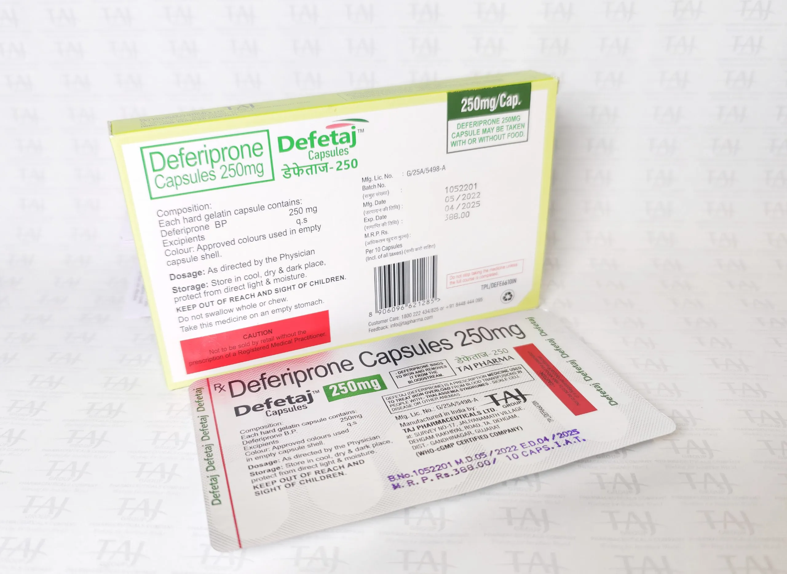 Wholesaler of Deferiprone capsules 250mg, Deferiprone capsules 250mg Supplier, Deferiprone capsules 250mg Exporters from India. Taj Pharma holds excellent record in manufacturing of Deferiprone capsules 250mg from India.