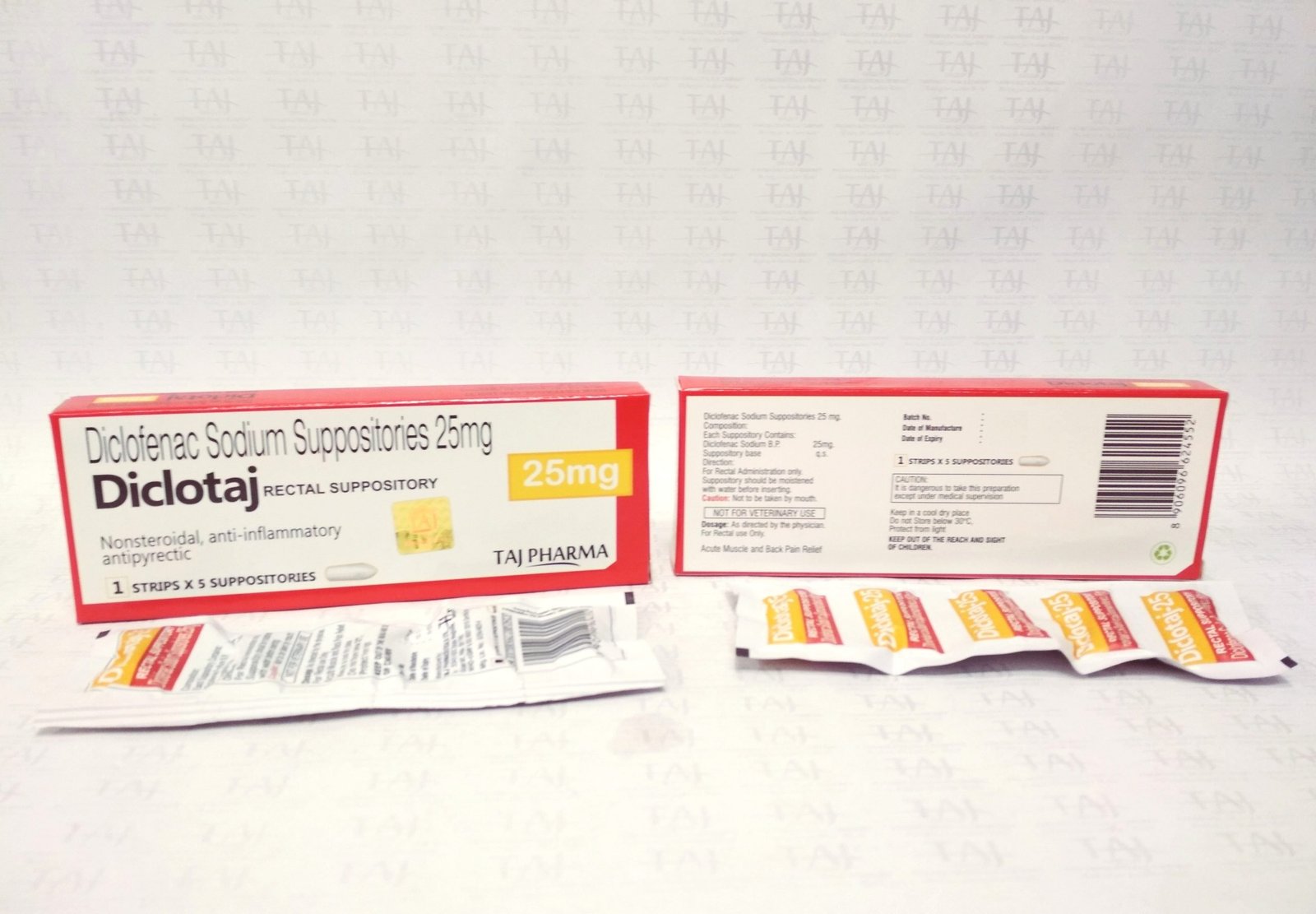 Diclofenac rectal Suppositories 12.5mg, 25mg, 50mg and 100mg Declotaj Taj Pharmaceuticals manufacturer of Diclofenac Sodium Suppositories 25mg,Diclofenac Sodium Suppositories 25mg manufacturer in India Taj Pharma India, India based manufacturing company of Diclofenac Sodium Suppositories 25mg