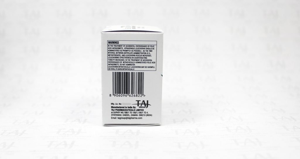 Leucovorin Calcium Injection USP 50mg/5ml Taj Pharmaceuticals Side Effects Cytotoxic Drugs Oncology Dosage Contraindications Uses