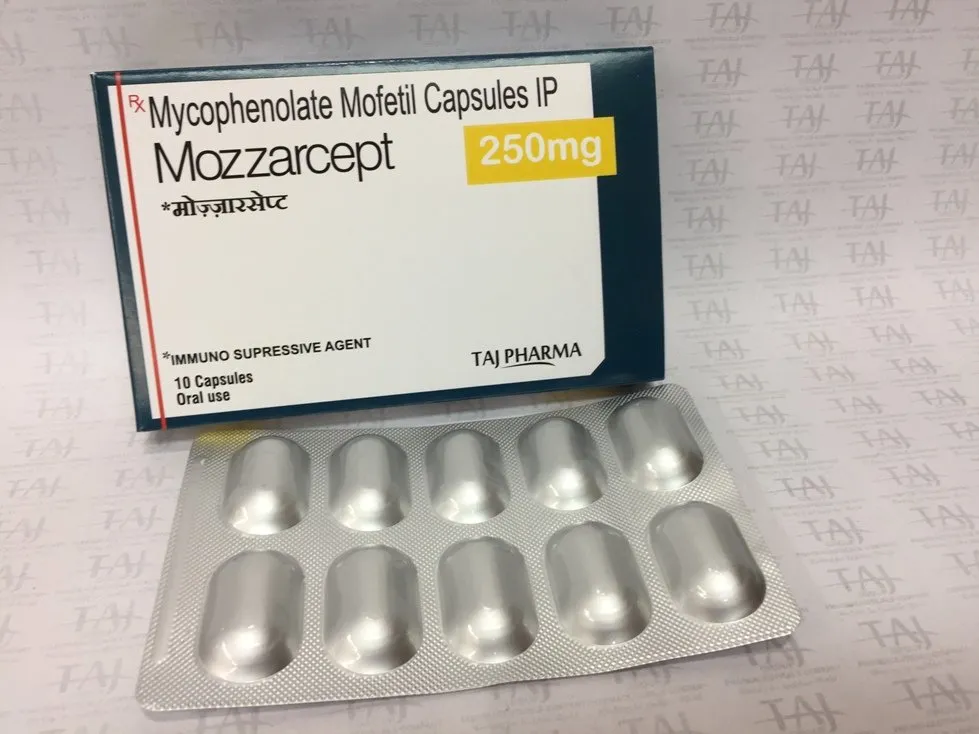 Taj Pharma is WHO-GMP Certified Pharmaceutical Wholesaler of Mycophenolate Mofetil Capsules IP (MOZZARCEPT) 250mg Taj Pharma, Mycophenolate Mofetil Capsules IP (MOZZARCEPT) 250mg Taj Pharma Supplier, Mycophenolate Mofetil Capsules IP (MOZZARCEPT) 250mg Taj Pharma Exporters from India. Taj Pharma holds excellent record in manufacturing of Mycophenolate Mofetil Capsules IP (MOZZARCEPT) 250mg Taj Pharma from India.