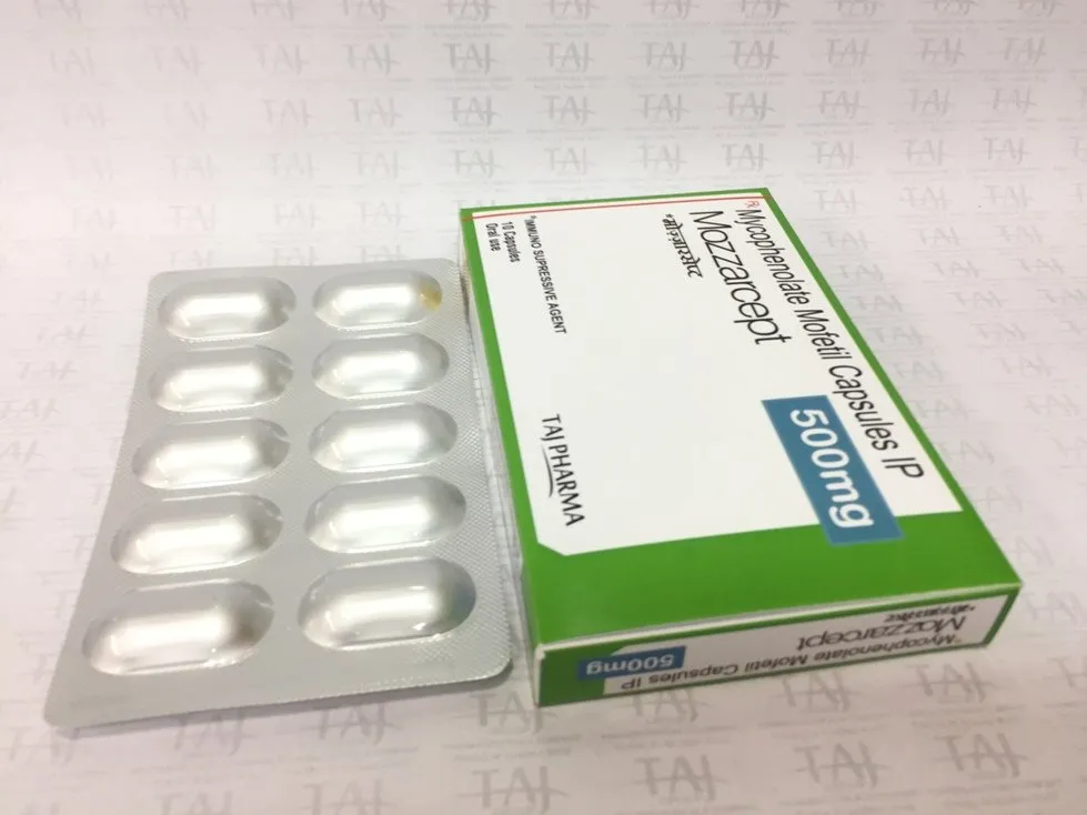 Mycophenolate Mofetil Capsules IP (MOZZARCEPT) 500mg Taj Pharma manufacturers & Mycophenolate Mofetil Capsules IP (MOZZARCEPT) 500mg Taj Pharma suppliers in India. Mycophenolate Mofetil Capsules IP (MOZZARCEPT) 500mg Taj Pharma manufacturer in India gives the assurance of high-quality and purity. The company carries the rich experience in manufacturing of Mycophenolate Mofetil Capsules IP (MOZZARCEPT) 500mg Taj Pharma. Taj Pharmaceuticals is reputed manufacturer and Mycophenolate Mofetil Capsules IP (MOZZARCEPT) 500mg Taj Pharma suppliers from India. Get contact for Mycophenolate Mofetil Capsules IP (MOZZARCEPT) 500mg Taj Pharma manufacturing companies from India.
