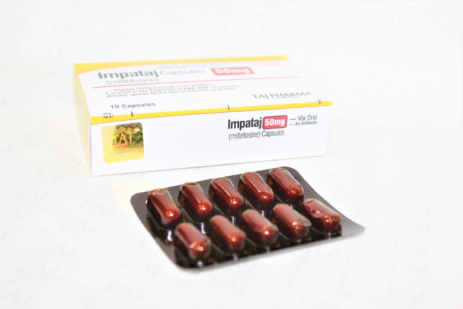 Miltefosine 50 mg capsules Manufacturer in India gives the assurance of high-quality and purity. The company carries the rich experience in the niche manufacturing of Miltefosine 50 mg capsules. Taj Pharmaceuticals is reputed manufacturer and Miltefosine 50 mg capsules suppliers in India.