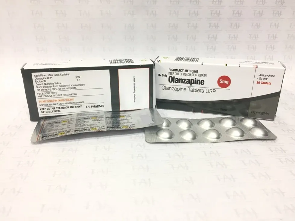 Olanzapine Tablets USP 5mg Taj Pharma Taj Pharmaceuticals manufactures a wide range of pharmaceuticals formulation involving Tablets / Capsules / Injections and Orals. Taj Pharma India teamhas an excellent expertise in manufacturing and export of Olanzapine Tablets. Taj Pharmaceuticals has performed these business activities related to exports of Olanzapine Tablets for major foreign-affiliated pharmaceutical import companies, ministry of health, tenders etc. and have enjoyed the full confidence of these companies, instructions and governments. Olanzapine Tablets 5mg Taj Pharma
