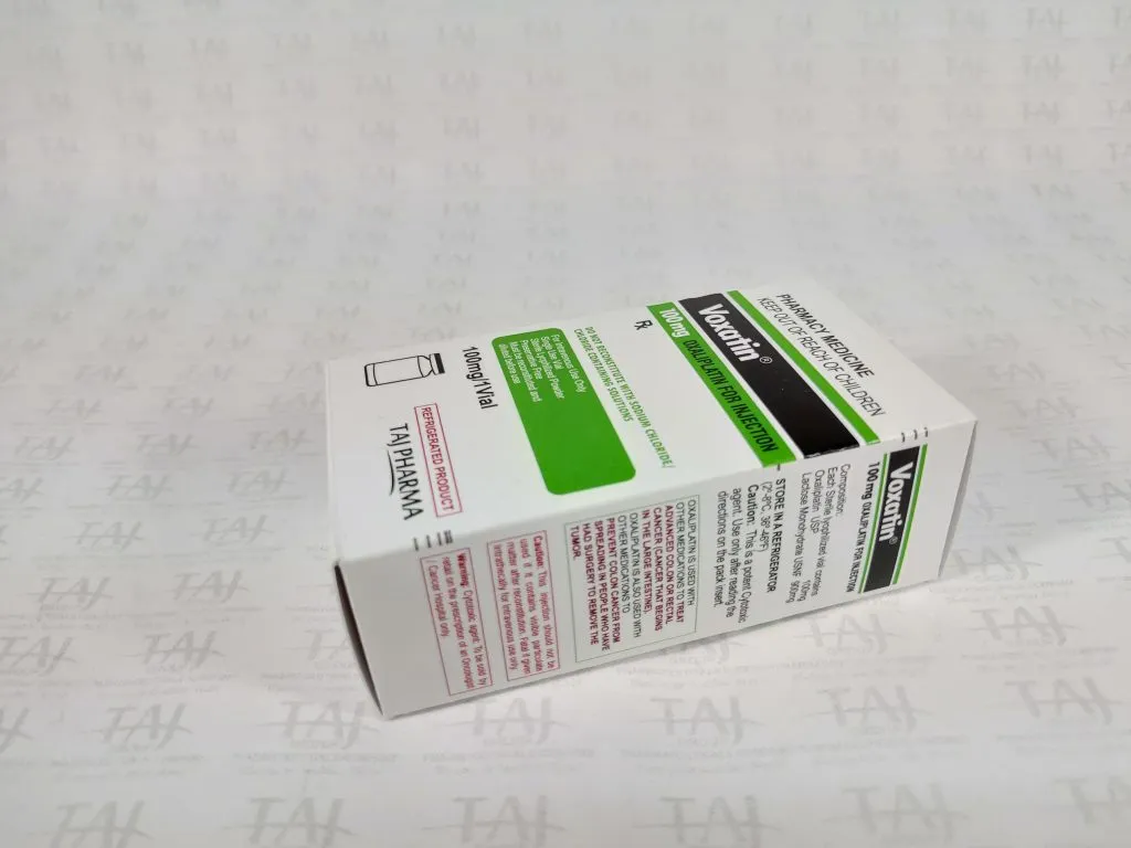 Taj Pharmaceuticals manufacturer of Oxaliplatin 100mg powder for injection, Oxaliplatin 100mg powder for injection manufacturer in India TajPharma India, India based manufacturing company of Oxaliplatin 100mg powder for injection Oxaliplatin for Injection 100mg Oxaliplatin for Injection 100mg Voxatin anticancer, uses, Indication, side effects Taj Pharmaceuticals Mumbai India Voxatin Taj pharmaceuticals
