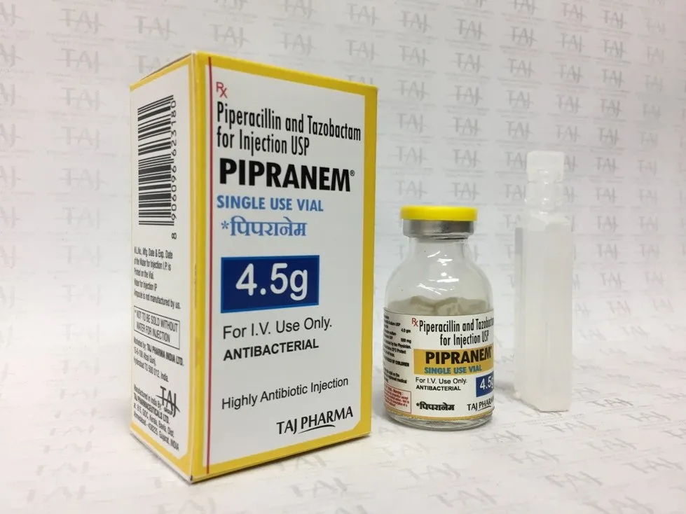 Piperacillin and Tazobactam for Injection, USP - Taj Pharma Piperacillin Tazobactam for Injection USP 4.5g, Piperacillin Tazobactam for Injection USP 4.5g manufacturer in India, Generic Manufacturers exporters India, Piperacillin Tazobactam for Injection USP 4.5g Information from Drugs, indian Piperacillin Tazobactam for Injection USP 4.5g, wholesale Piperacillin Tazobactam for Injection USP 4.5g suppliers