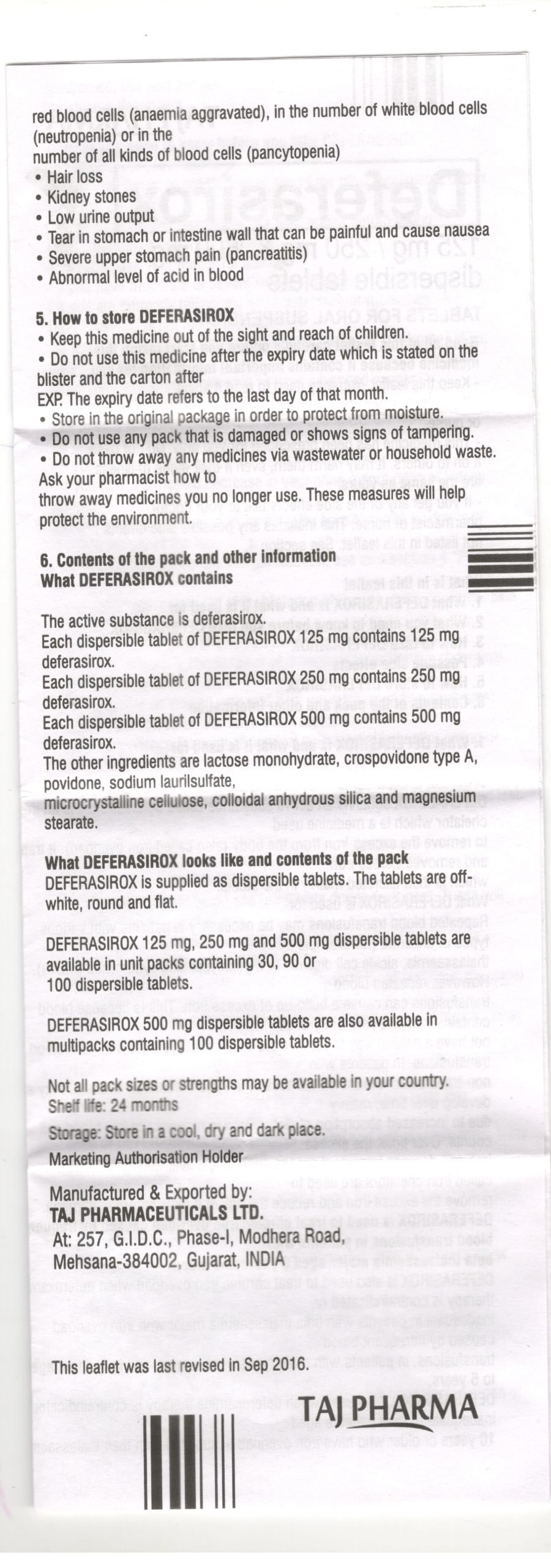Deferasirox for removing excess iron Package leaflet Information for the patient Deferasirox dispersible tablet 125 mg 250 mg and 500 taj pharma