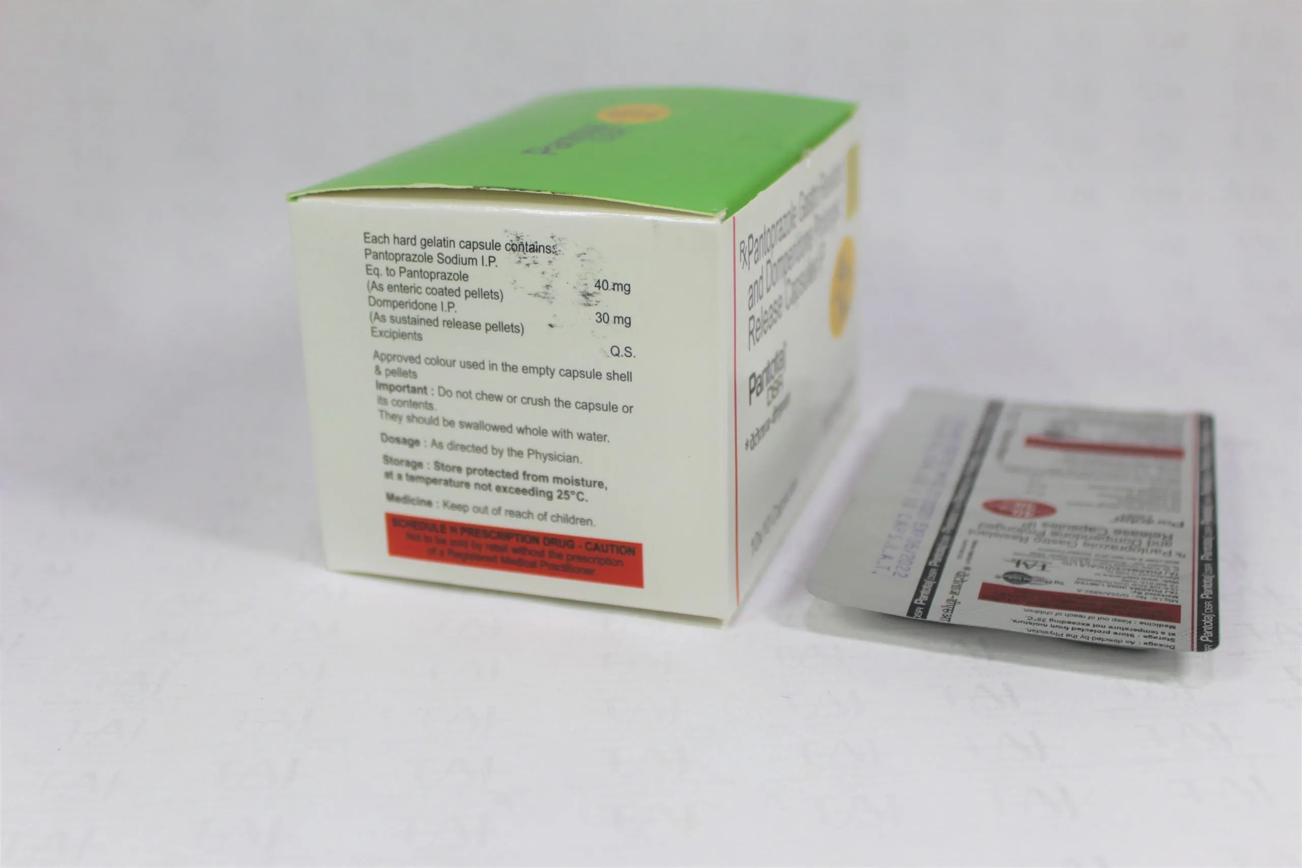Pantoprazole Gastro-resistant and Domperidone Prolonged-release Capsules IP (PantoTaj DSR) manufacturers & Pantoprazole Gastro-resistant and Domperidone Prolonged-release Capsules IP (PantoTaj DSR) suppliers in India. Pantoprazole Gastro-resistant and Domperidone Prolonged-release Capsules IP (PantoTaj DSR) manufacturer in India gives the assurance of high-quality and purity. The company carries the rich experience in manufacturing of Pantoprazole Gastro-resistant and Domperidone Prolonged-release Capsules IP (PantoTaj DSR). Taj Pharmaceuticals is reputed manufacturer and Pantoprazole Gastro-resistant and Domperidone Prolonged-release Capsules IP (PantoTaj DSR) suppliers from India. Get contact for Pantoprazole Gastro-resistant and Domperidone Prolonged-release Capsules IP (PantoTaj DSR) manufacturing companies from India.