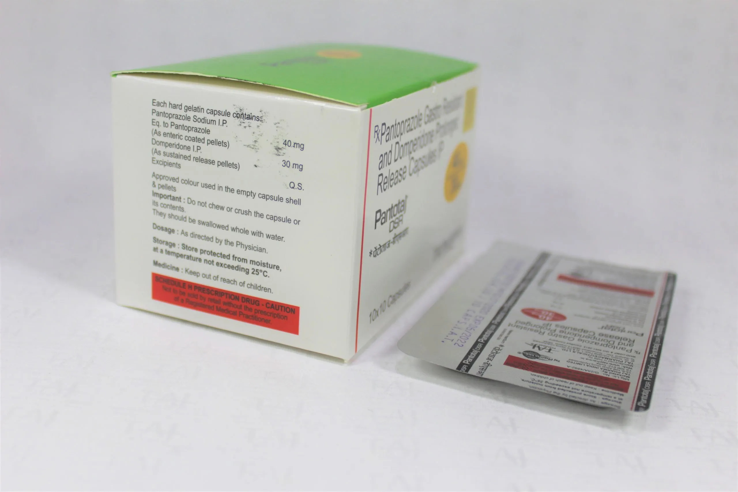 Pantoprazole Gastro-resistant and Domperidone Prolonged-release Capsules IP (PantoTaj DSR) Manufacturer in India gives the assurance of high-quality and purity. The company carries the rich experience in the niche manufacturing of Pantoprazole Gastro-resistant and Domperidone Prolonged-release Capsules IP (PantoTaj DSR). Taj Pharmaceuticals is reputed manufacturer and Pantoprazole Gastro-resistant and Domperidone Prolonged-release Capsules IP (PantoTaj DSR) suppliers in India.