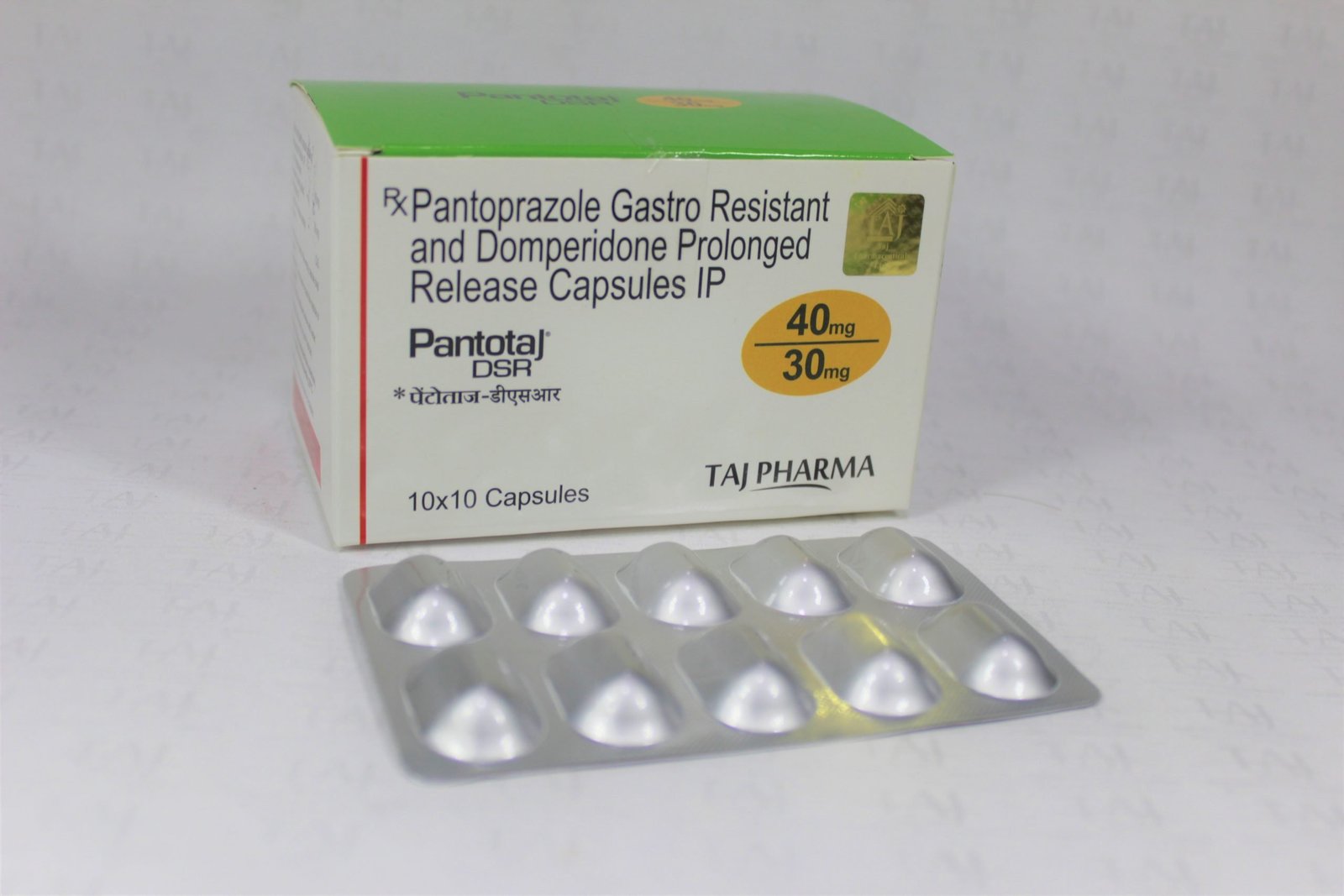 Pantoprazole Gastro-resistant and Domperidone Prolonged-release Capsules IP (PantoTaj DSR) Manufacturer in India gives the assurance of high-quality and purity. The company carries the rich experience in the niche manufacturing of Pantoprazole Gastro-resistant and Domperidone Prolonged-release Capsules IP (PantoTaj DSR). Taj Pharmaceuticals is reputed manufacturer and Pantoprazole Gastro-resistant and Domperidone Prolonged-release Capsules IP (PantoTaj DSR) suppliers in India.