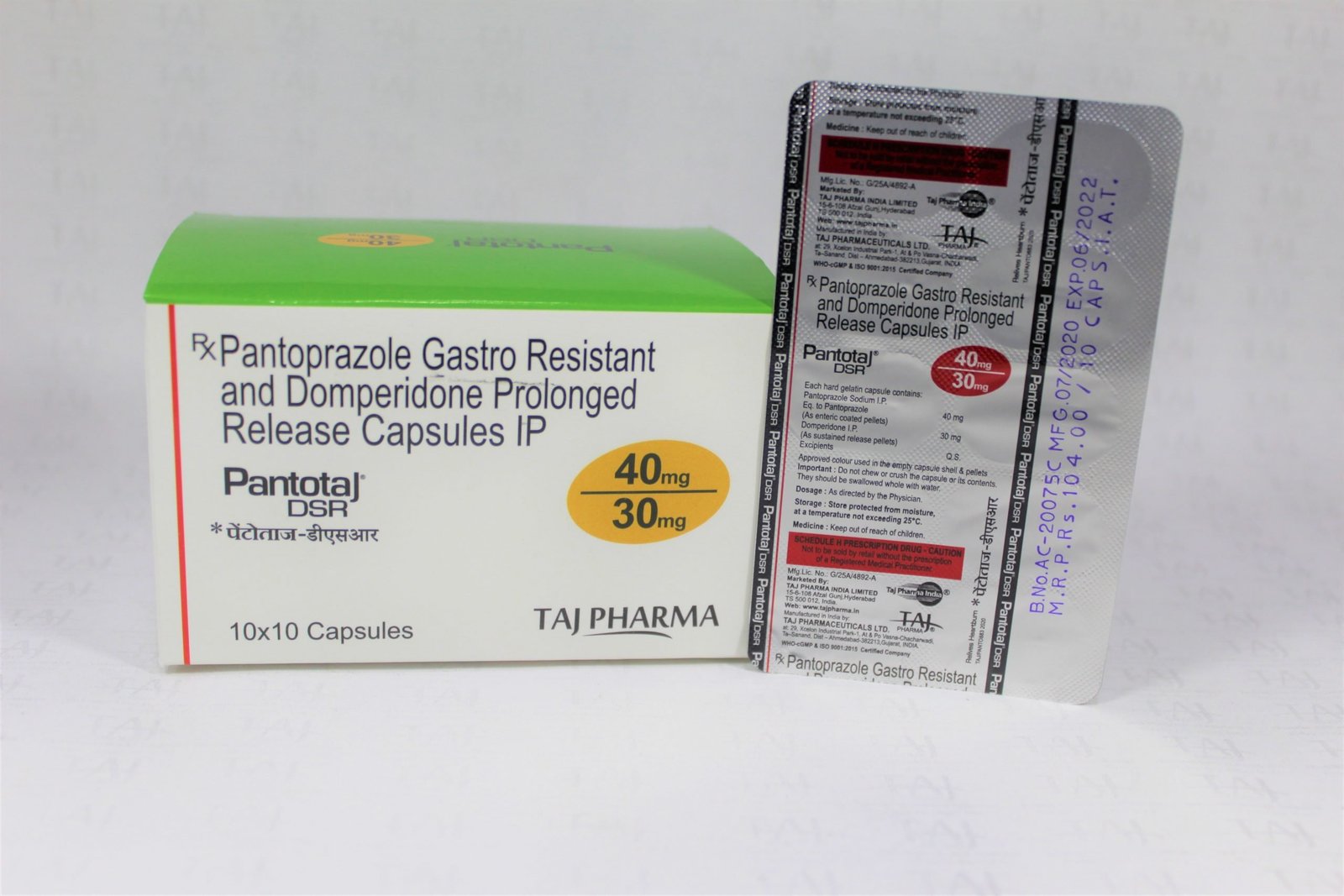 Taj Pharmaceuticals, one of the leading Pantoprazole Gastro-resistant and Domperidone Prolonged-release Capsules IP (PantoTaj DSR) Manufacturers India brings the best-quality products. The company carries the rich experience in the niche manufacturing of Pantoprazole Gastro-resistant and Domperidone Prolonged-release Capsules IP (PantoTaj DSR).