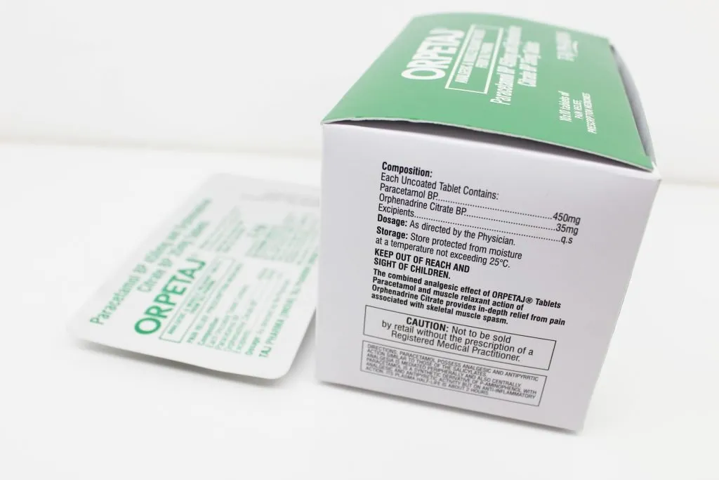 Paracetamol 450mg and Orphenadrine Citrate 35mg Tablets PAN India Manufacturer