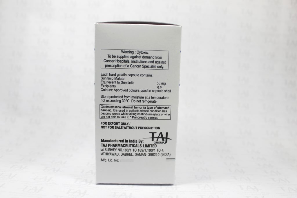 Sunitinib Capsules 25mg Taj Pharmaceuticals Mumbai Side Effects Cytotoxic Drugs Oncology Dosage Contraindications Uses