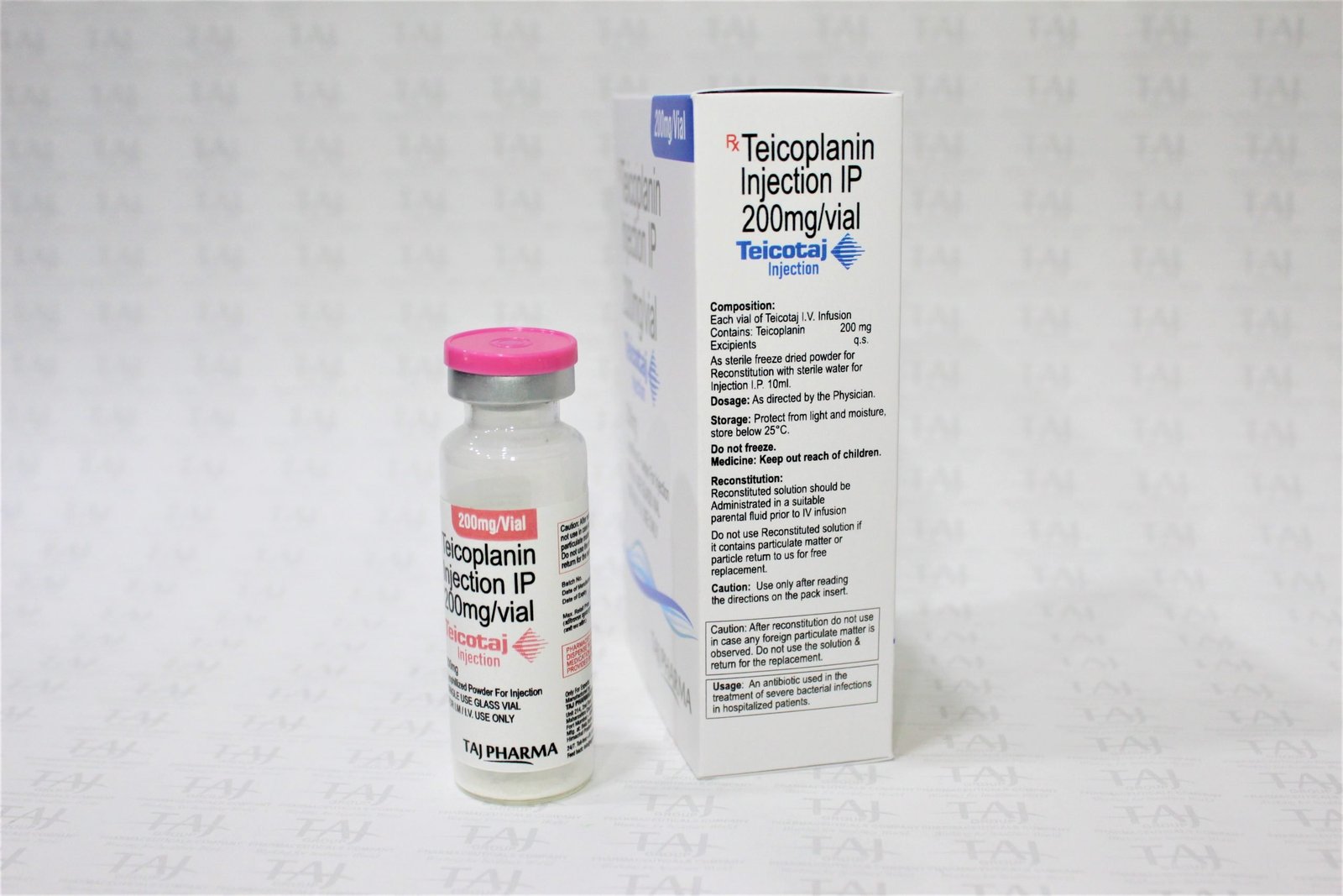 Taj Pharma is WHO-GMP Certified Pharmaceutical Wholesaler of Teicoplanin injection IP 200 mg, Teicoplanin injection IP 200 mg Supplier, Teicoplanin injection IP 200 mg Exporters from India. Taj Pharma holds excellent record in manufacturing of Teicoplanin injection IP 200 mg from India.