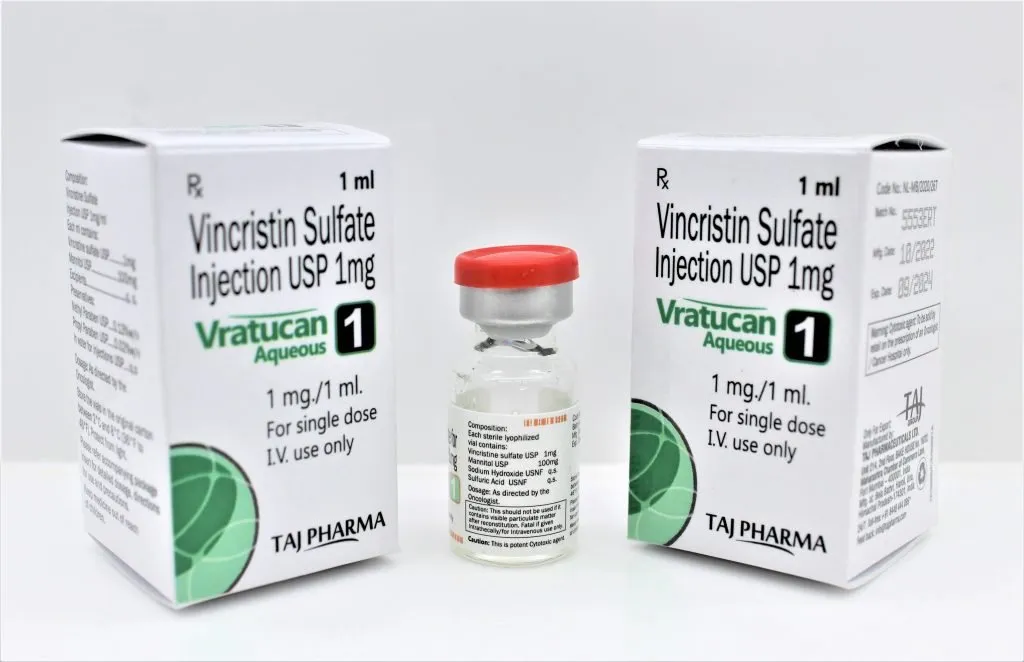 Taj Pharma is one of India’s leading Suppliers, manufacturers, and Exporters of Vincristin Sulfate Injections USP 1mg in India and the International market. Taj Pharma holds an excellent record in manufacturing Vincristin Sulfate Injections USP from India. We have superior manufacturing facilities for Vincristin Sulfate Injections USP 1mg.