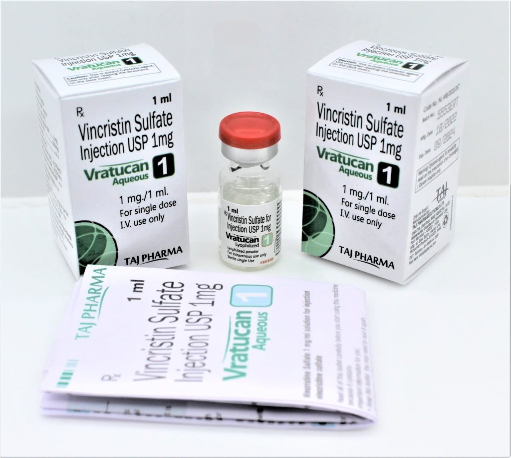 Vincristin Sulfate Injections USP 1mg available Anti-Cancer by Taj Pharma India; We are Mumbai based leading Vincristin Sulfate Injections Manufacturers & Exporters in PAN India and Overseas.