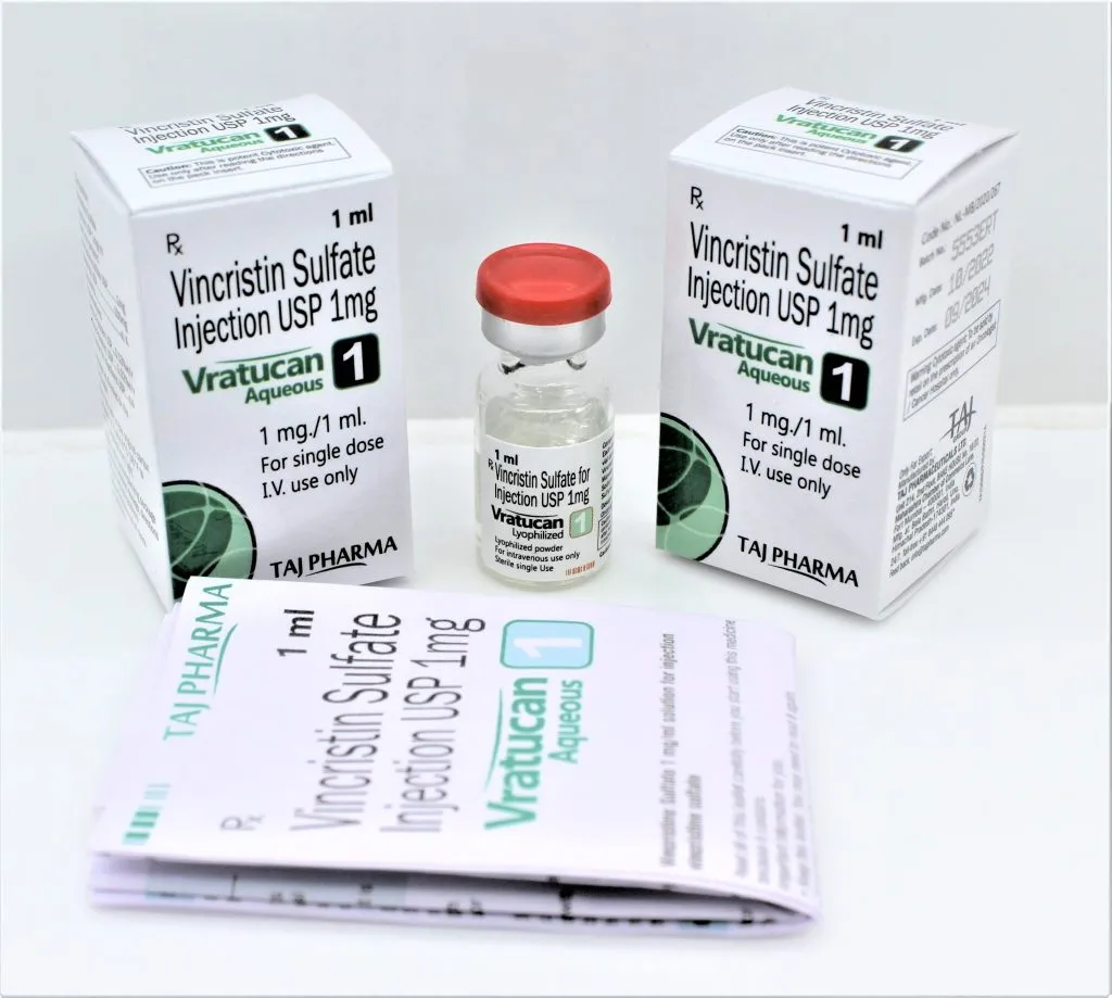Vincristin Sulfate Injections USP 1mg available Anti-Cancer by Taj Pharma India; We are Mumbai based leading Vincristin Sulfate Injections Manufacturers & Exporters in PAN India and Overseas.