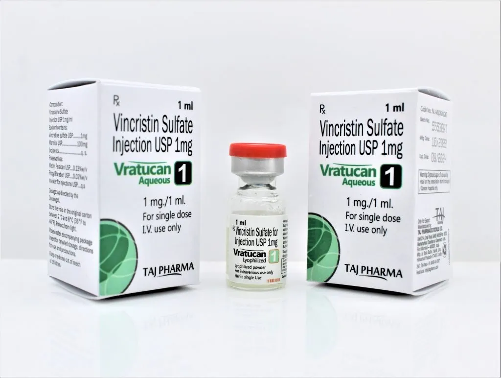 Taj Pharma India has the best quality of Vincristin Sulfate Injections USP. We manufacture and export Vincristin Sulfate Injections USP 1mg underneath hygienic & GMP.