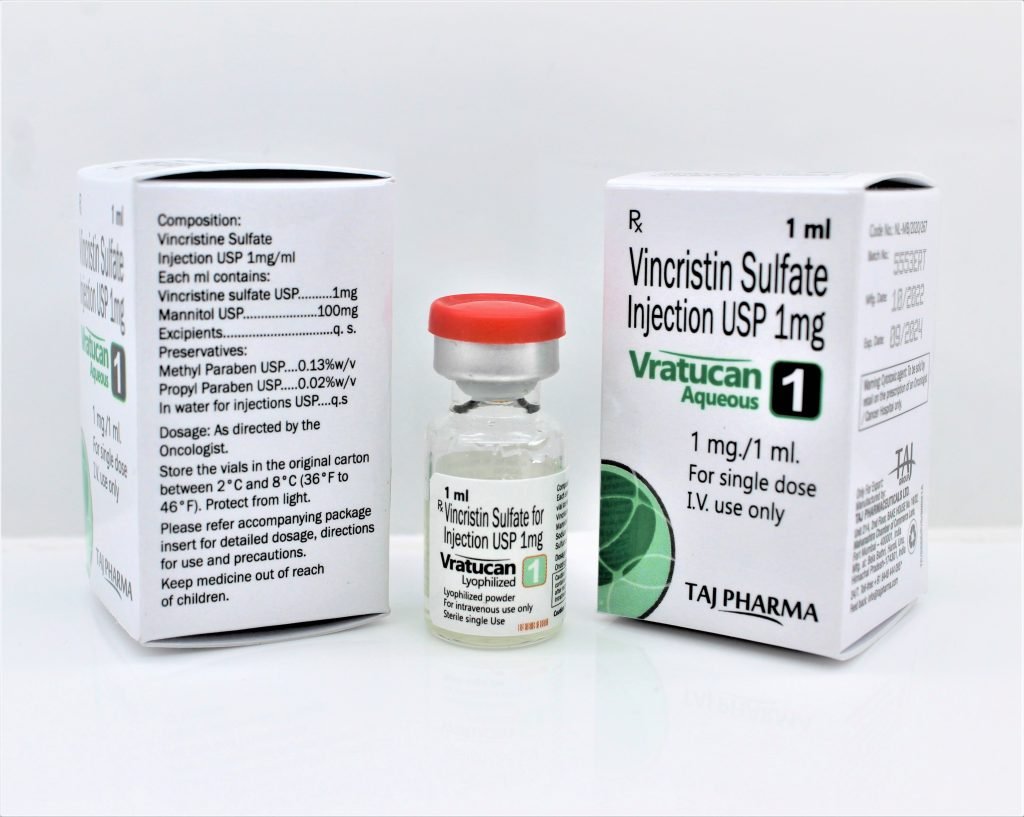 Taj Pharma India is a pioneer Vincristin Sulfate Injections USP 1mg Manufacturer, an authentic best-price supplier and an exporter of Vincristin Sulfate Injections. We have superior manufacturing facilities for Vincristin Sulfate Injections USP, with cutting-edge R&D.