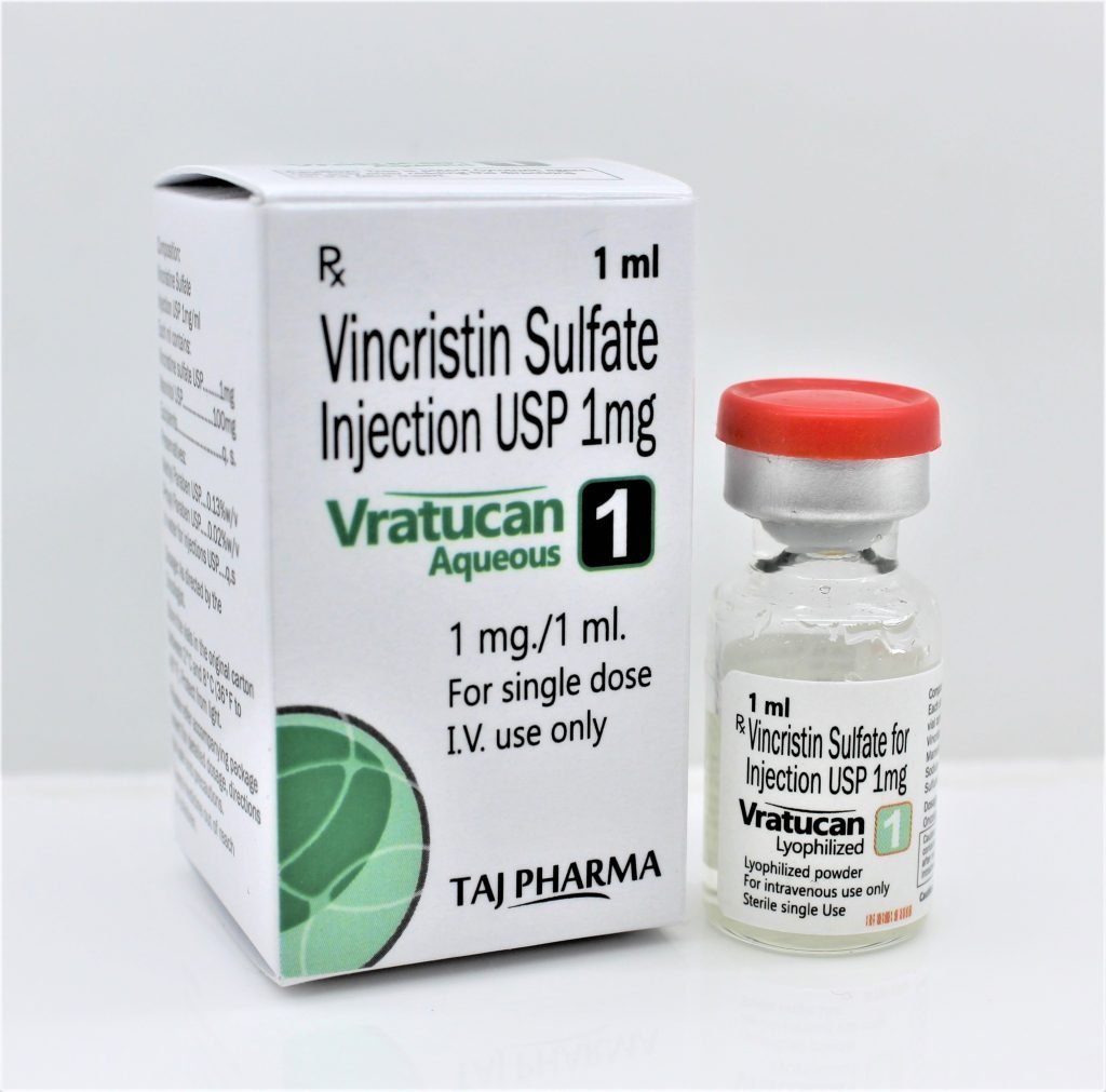 Taj Pharma India is one of the renowned prominent Manufacturers and Supplier of Vincristin Sulfate Injections USP 1mg; We follow ICH norms for quality standards of Vincristin Sulfate Injections best through the effective application of modern machinery based in Vapi, Gujarat, India.
