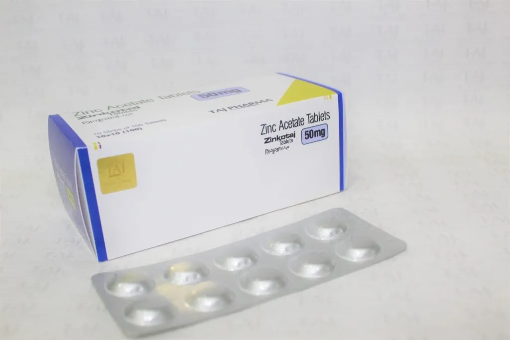 WHO-GMP Certified Pharmaceutical Wholesaler of Zinc acetate tablets 50mg, Zinc acetate tablets 50mg Supplier, Zinc acetate tablets 50mg Exporters from India. Taj Pharma holds excellent record in manufacturing of Zinc acetate tablets 50mg from India.