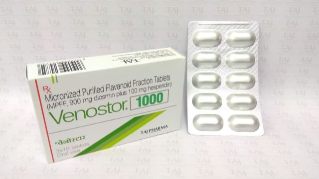 Micronized Purified Flavonoid Fracrtion Tablets (MPFF, 900 mg Diosmin plus 100 mg Hesperidine) Venostor-1000 mg Taj Pharma