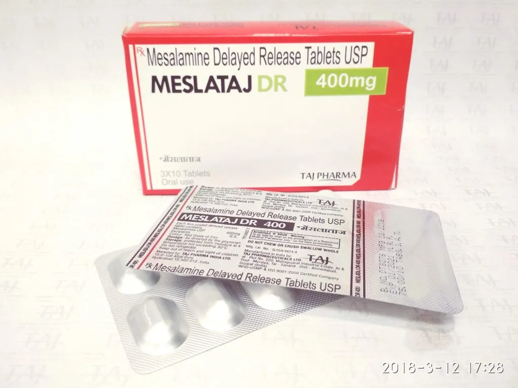 Mesalamine Delayed Release Tablets USP 400mg (Meslataj DR) Taj Pharma FDA approved, Mesalamine Delayed Release Tablets USP 400mg (Meslataj DR) Taj Pharma manufacturers, suppliers & exporters in India. Get contract manufacturing for Mesalamine Delayed Release Tablets USP 400mg (Meslataj DR) Taj Pharma, Find best price for Mesalamine Delayed Release Tablets USP 400mg (Meslataj DR) Taj Pharma generic drug and Mesalamine Delayed Release Tablets USP 400mg (Meslataj DR) Taj Pharma generic version available at best price from GMP approved manufacturer
