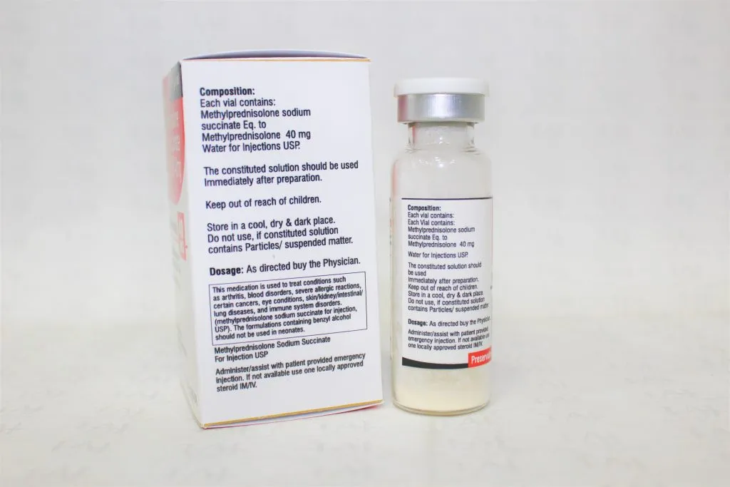 Methylprednisolone sodium succinate for injection USP 40mg manufacturers & Methylprednisolone sodium succinate for injection USP 40mg suppliers in India. Taj Pharmaceuticals, the well-known Methylprednisolone sodium succinate for injection USP 40mg manufacturer in India
