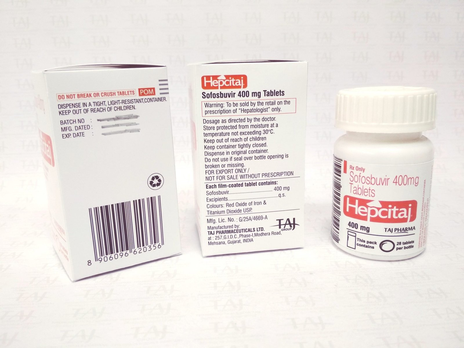 Sofosbuvir Tablets 400mg (HEPCITAJ) Taj Pharma Manufacturer in India gives the assurance of high-quality and purity. The company carries the rich experience in the niche manufacturing of Sofosbuvir Tablets 400mg (HEPCITAJ) Taj Pharma. Taj Pharmaceuticals is reputed manufacturer and Sofosbuvir Tablets 400mg (HEPCITAJ) Taj Pharma suppliers in India.